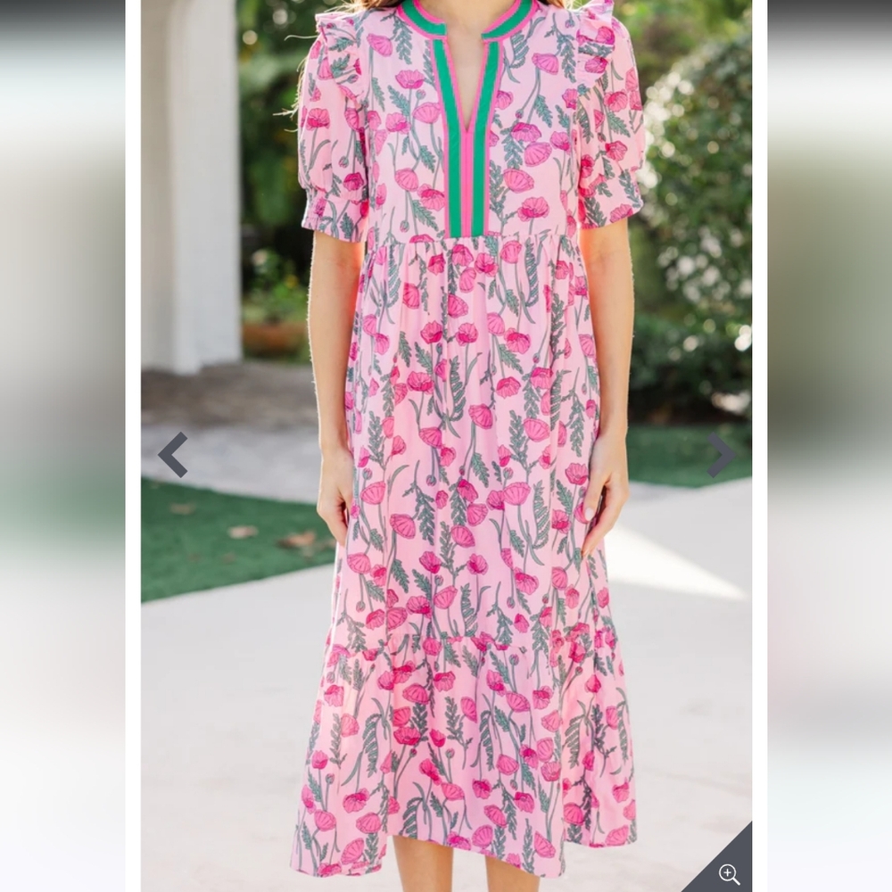 entro Pink Floral Maxi Dress with Green Stripe Accents - Picture 3 of 7